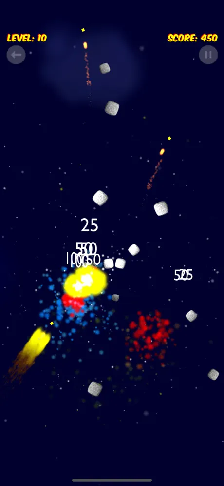 Manix gameplay screenshot: level 10, a beach-ball paddle breaks bricks in a starfield with explosions and floating score numbers.